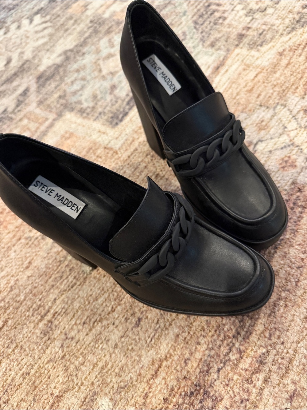 Steve Madden Black Chunky Chain Block Heel Loafers